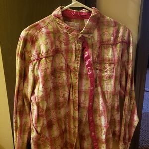 Pink and green pearl snap western shirt